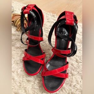 Louis Vuitton Red Patent Leather Strappy Heels with Black Branded Ankle Wraps